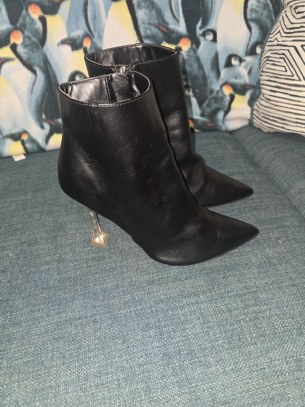 Nine West Black Pointed Leather Ankle Boots with Sculpted Metallic Heel